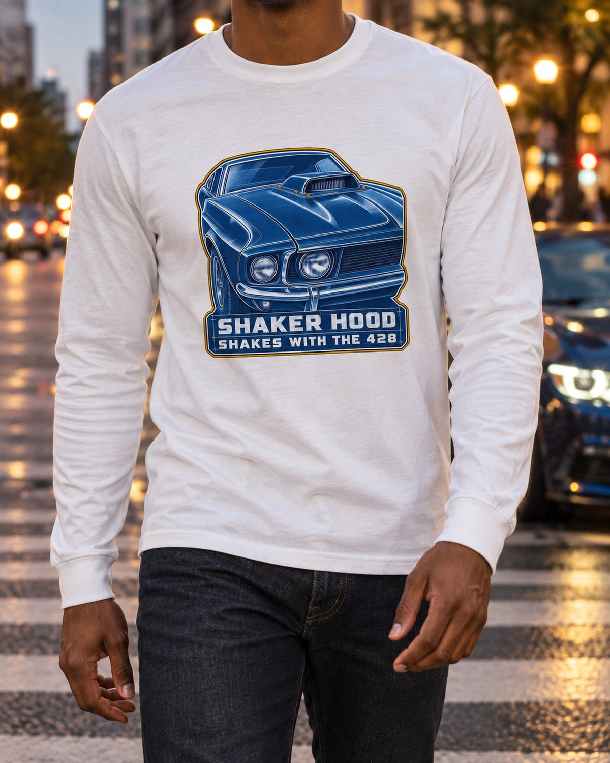 1969 Ford Mustang Fastback Shaker Hood Cyanotype Shirt Long Sleeve White worn hero