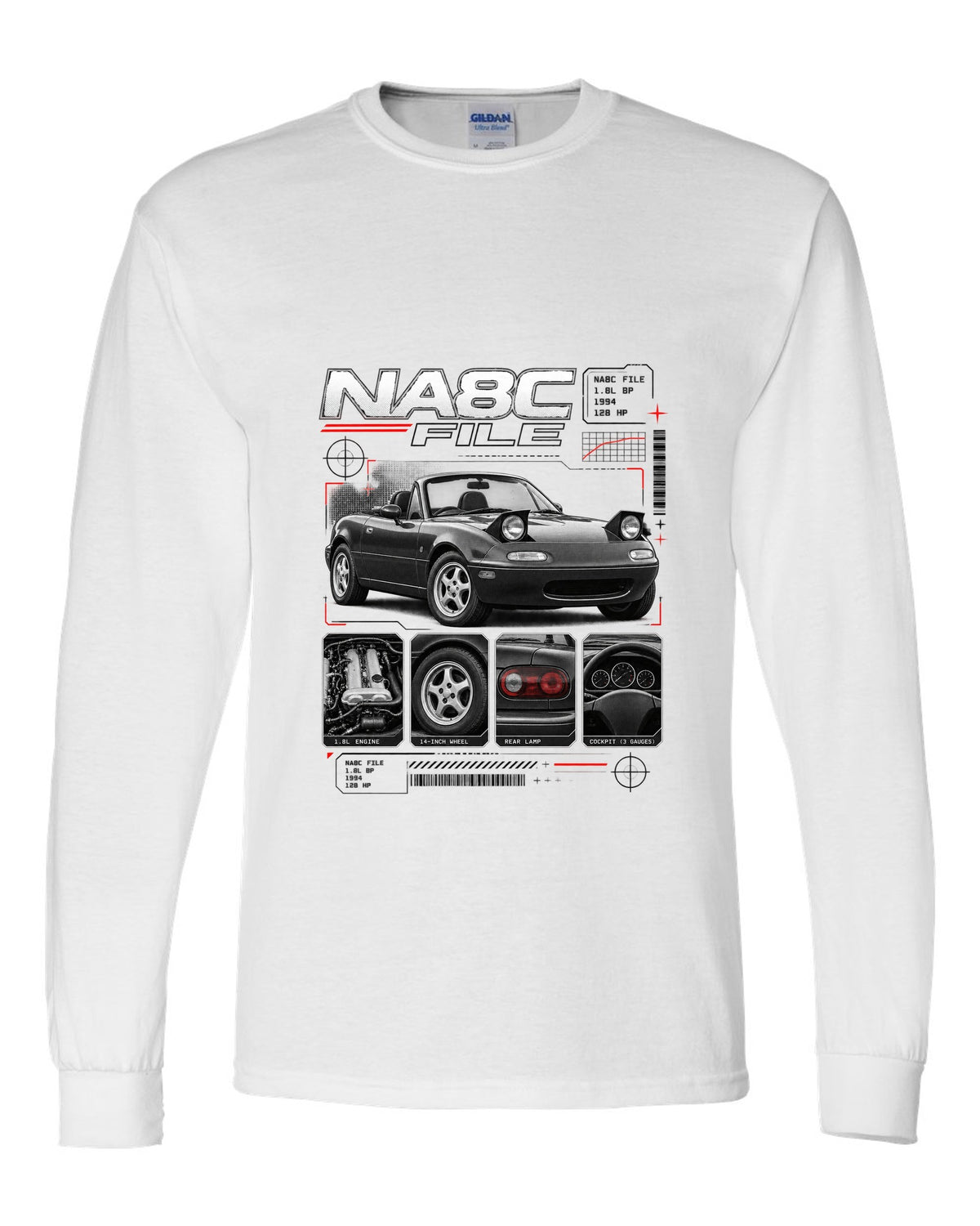 Dossier panel print of a Mazda MX-5 NA Eunos Roadster with NA8C spec lettering white long sleeve front view with the design