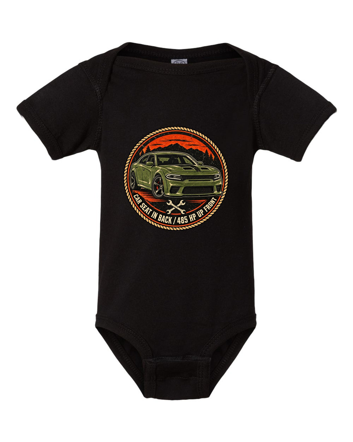 Vintage mechanic roundel patch design of a 2018 Dodge Charger Scat Pack with car seat caption black baby onesie front view with the design
