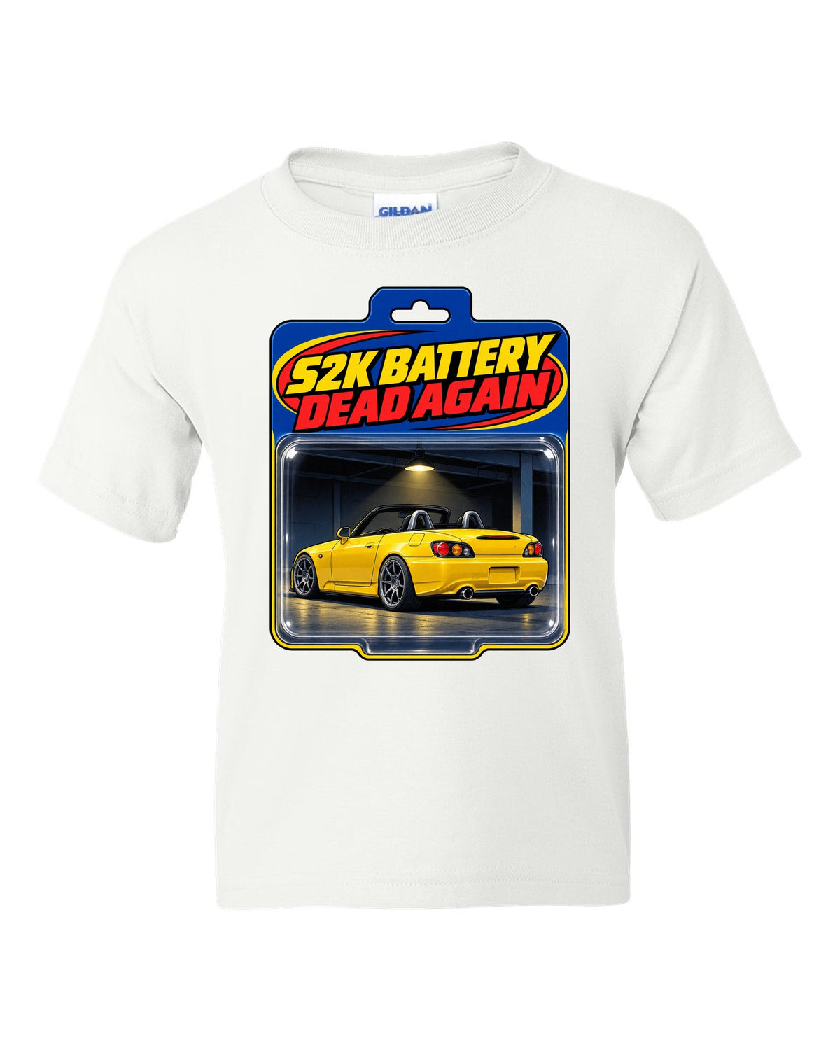 Toy blister card print of a 2004 Honda S2000 AP2 roadster with S2K battery dead again text white kids tee front view with the design