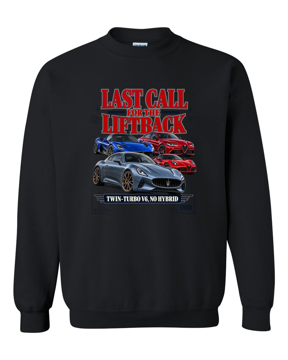 Kia Stinger GT final year editorial headline print black crewneck front view with the design