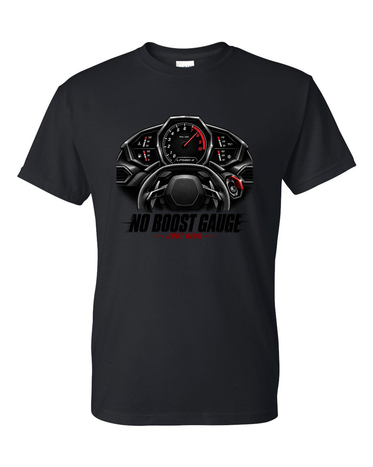 Cockpit gauge print of a Lamborghini Huracan LP580-2 with No Boost Gauge, Just Revs text black t-shirt front view with the design