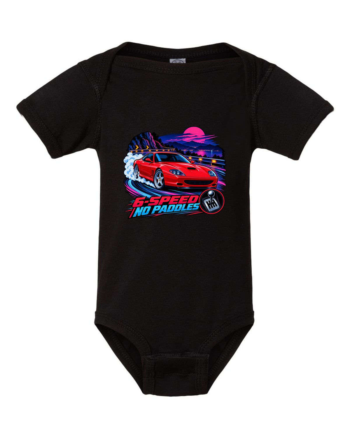 Cel-shaded anime night touge print of a Ferrari 550 Maranello with 6-Speed No Paddles lettering black baby onesie front view with the design