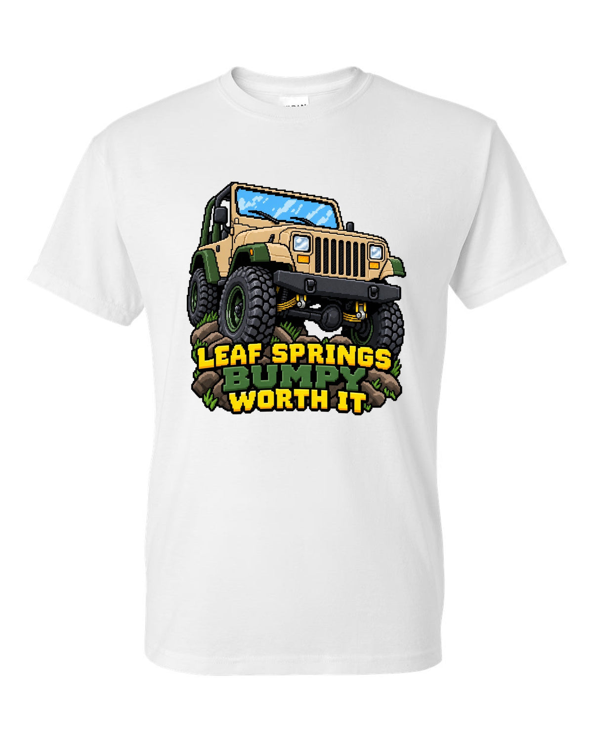 16-bit pixel art illustration of a Jeep Wrangler YJ with LEAF SPRINGS BUMPY WORTH IT lettering white t-shirt front view with the design