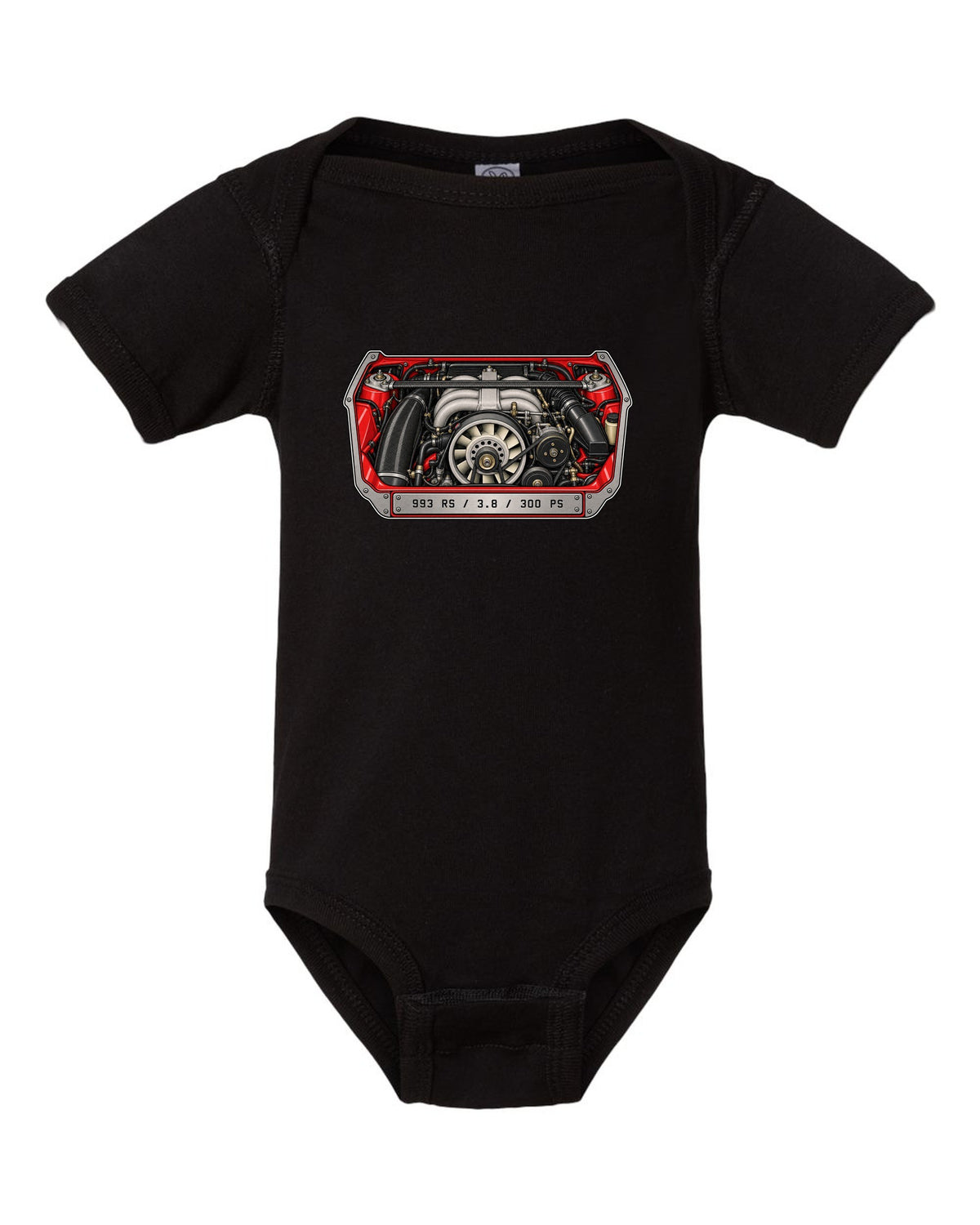 Porsche 901 topographic route map design with 1964 and 130 PS lettering black baby onesie front view with the design