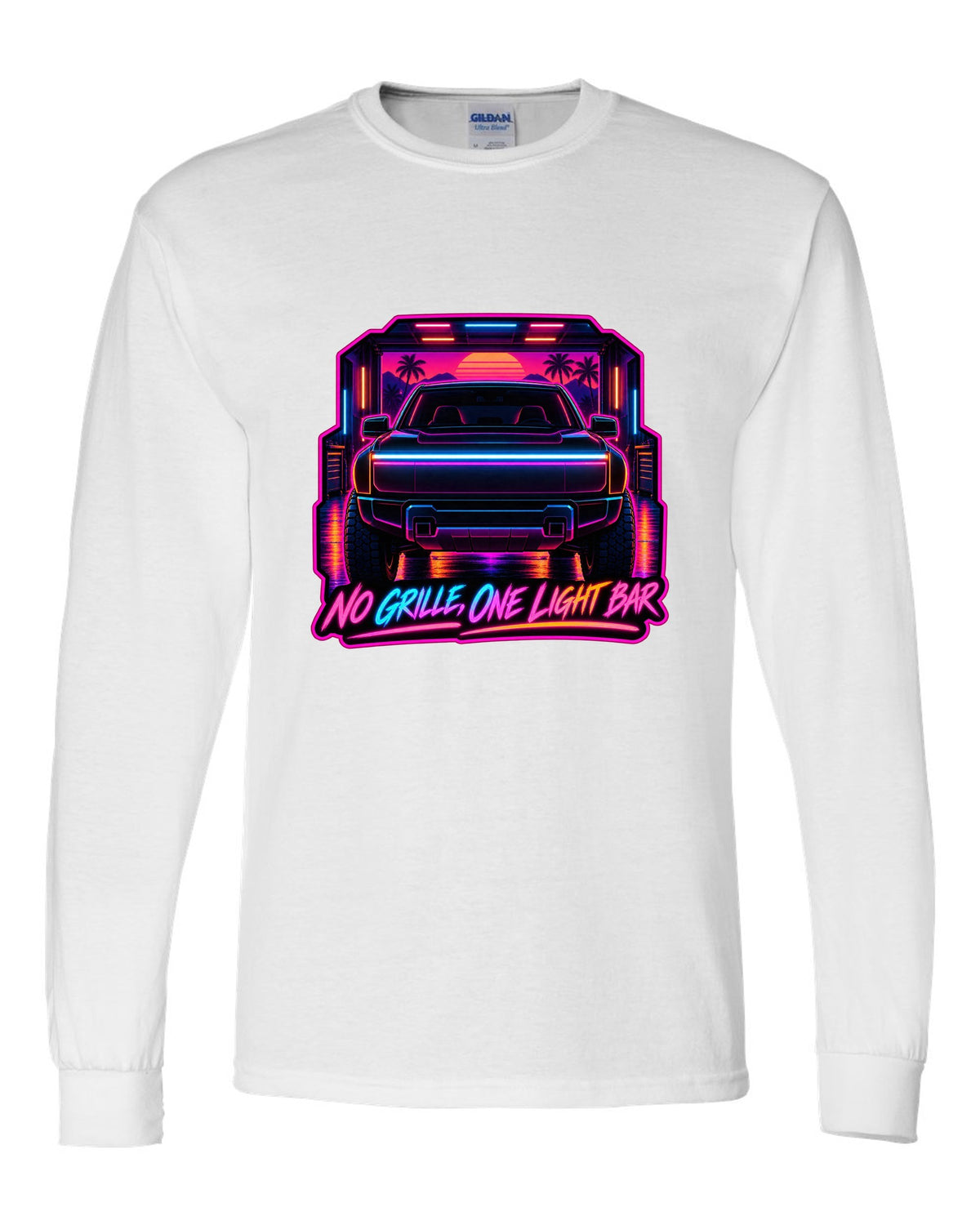 Ford F-150 Lightning neon synthwave glow print with no grille and one light bar text white long sleeve front view with the design