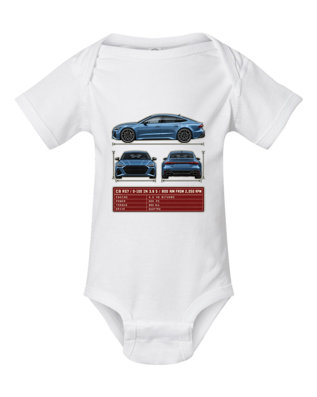 Three-view spec sheet for the Audi RS7 Sportback C8 white baby onesie front view with the design