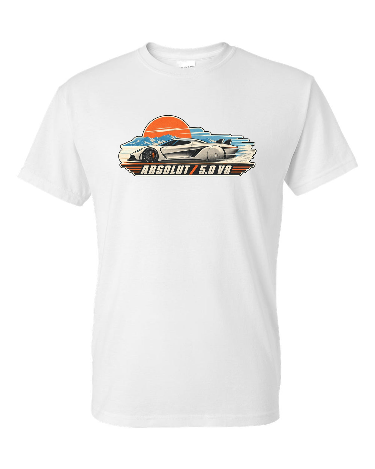 Vintage race poster illustration of the Koenigsegg Jesko Absolut with ABSOLUT 5.0 V8 lettering white t-shirt front view with the design