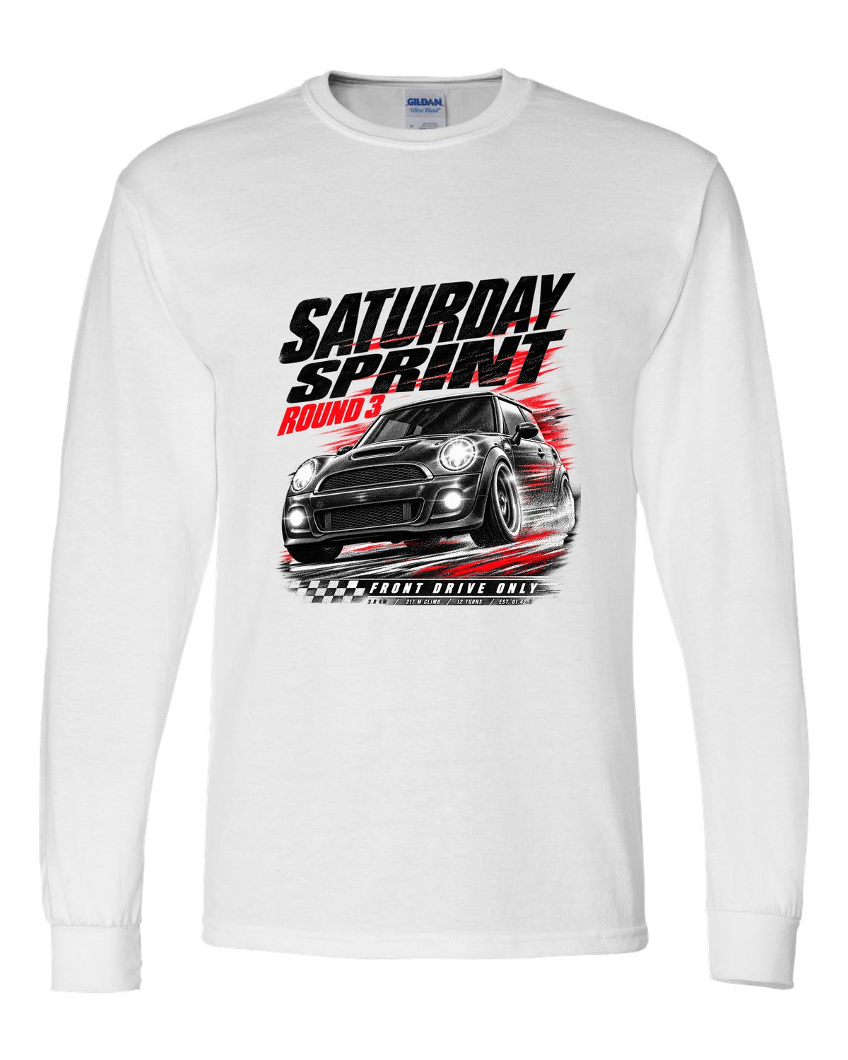 Race poster print of a Mini Cooper JCW R56 front three-quarter at a Saturday sprint round three white long sleeve front view with the design