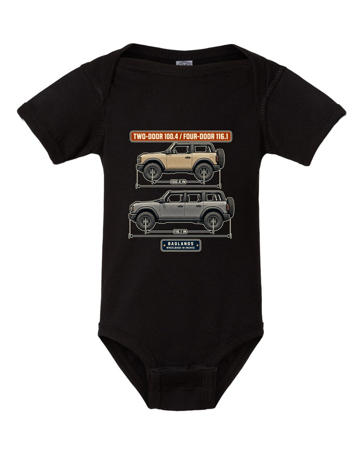 Ford Bronco Badlands two-door and four-door wheelbase blueprint print black baby onesie front view with the design