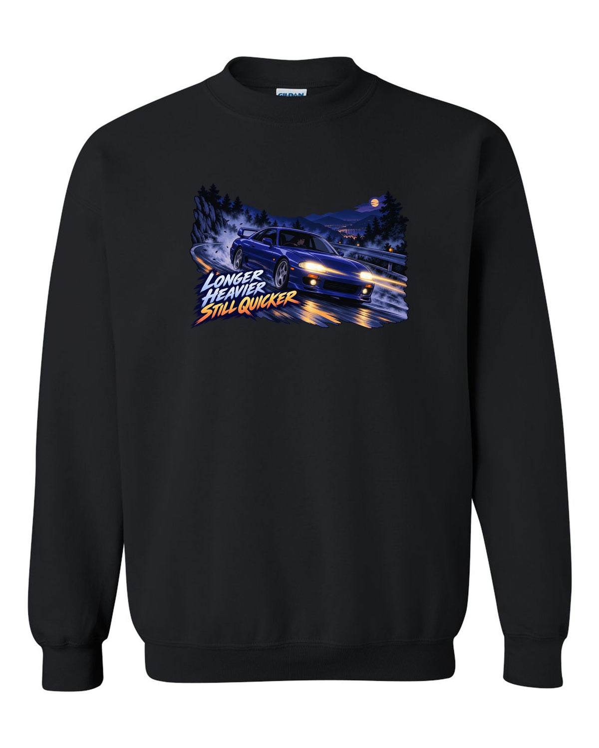 Cel-shaded 90s anime night touge print of a Nissan Skyline GT-R BCNR33 with longer heavier still quicker lettering black crewneck front view with the design