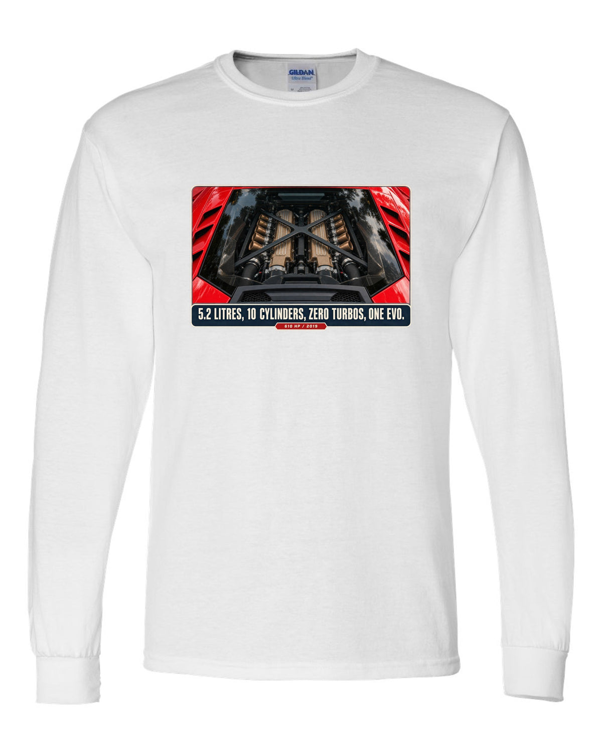 Engine hero print of the Lamborghini Huracan EVO V10 white long sleeve front view with the design