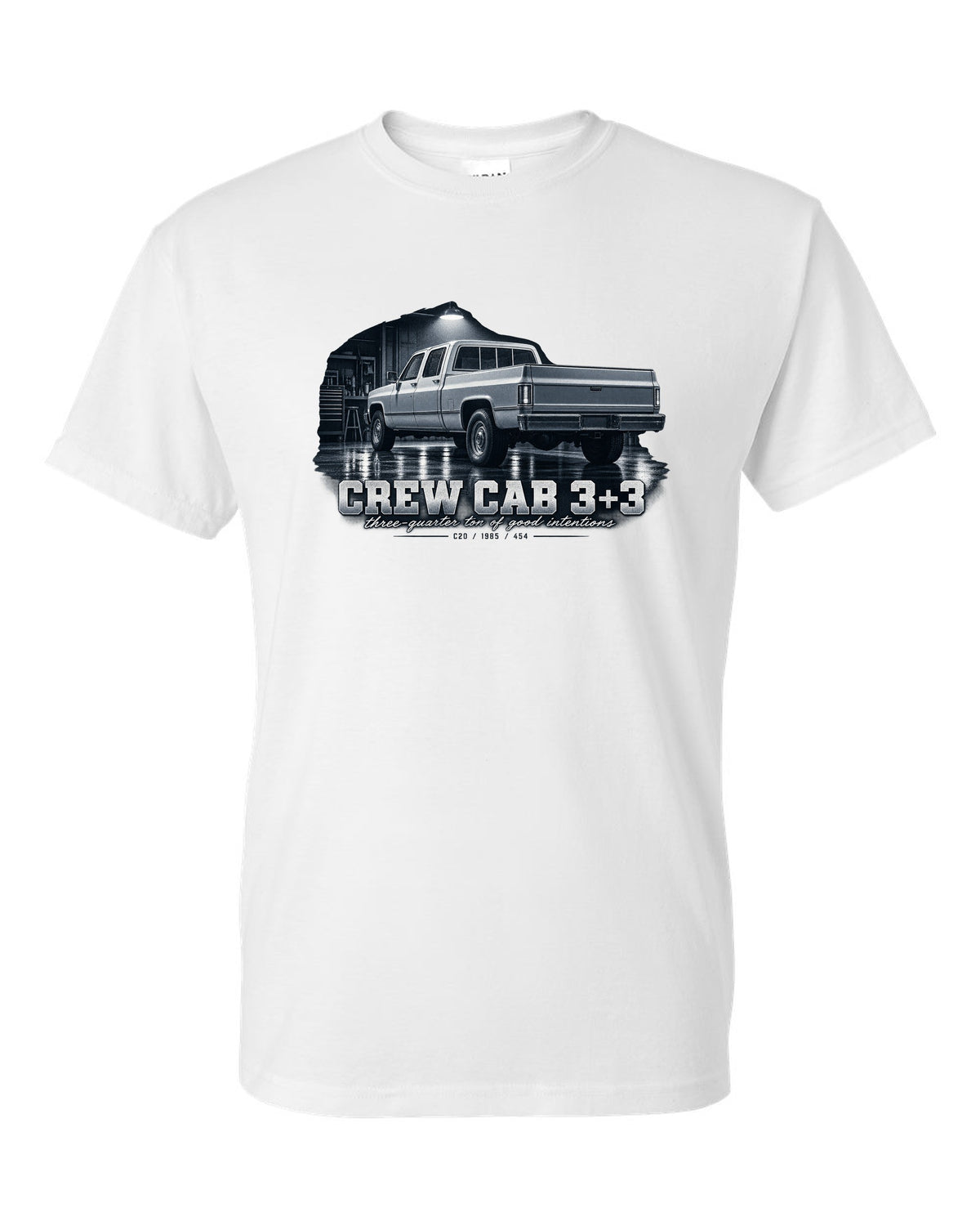 1985 C20 Squarebody crew cab in a garage night scene, print white t-shirt front view with the design