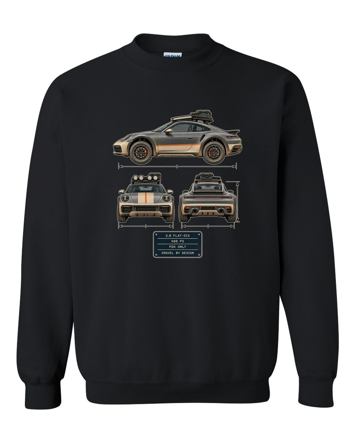 Three-view and spec table print of a Porsche 911 Dakar 992 black crewneck front view with the design