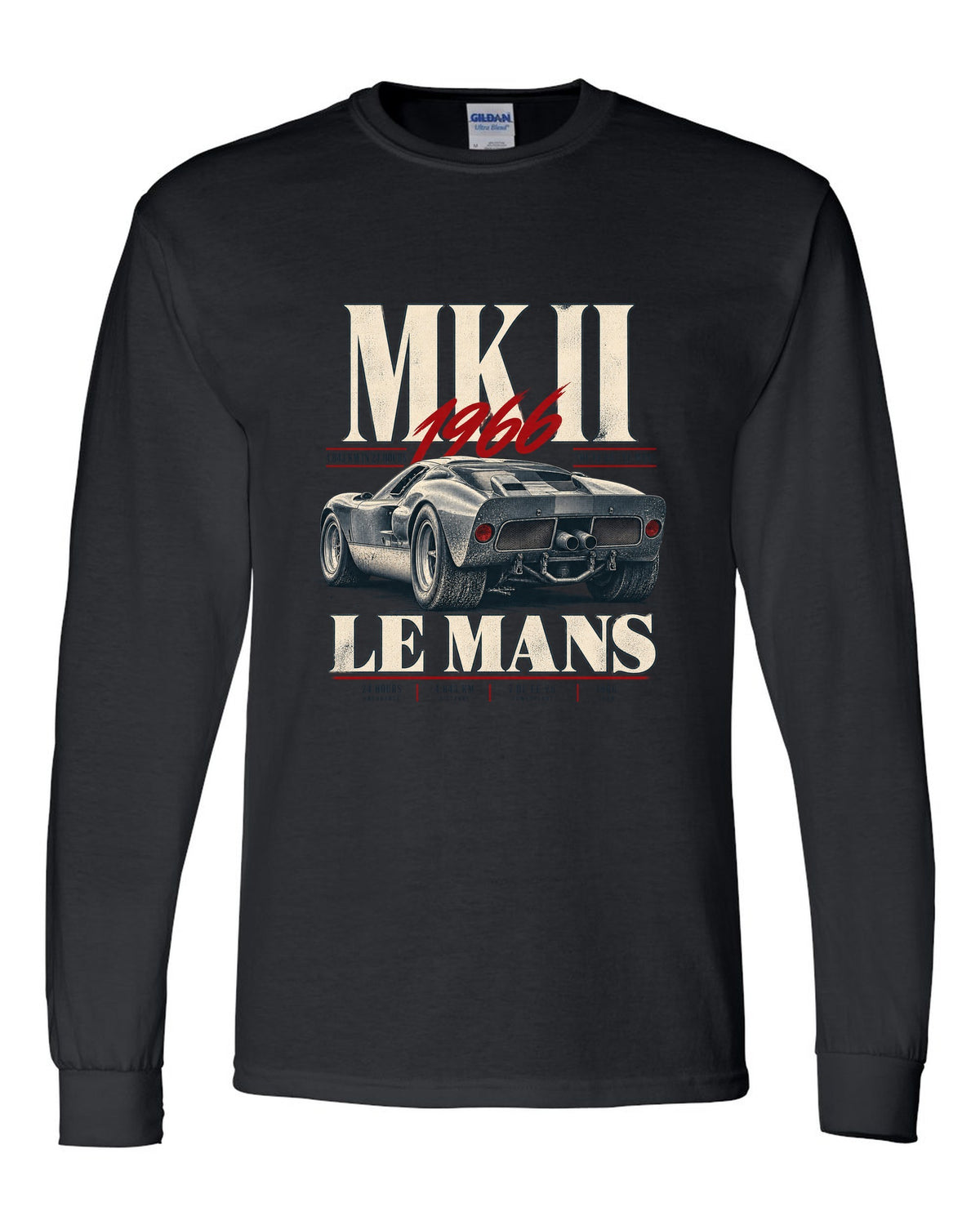 Editorial print of a 1966 Ford GT40 Mk II rear three-quarter view with Le Mans distance black long sleeve front view with the design