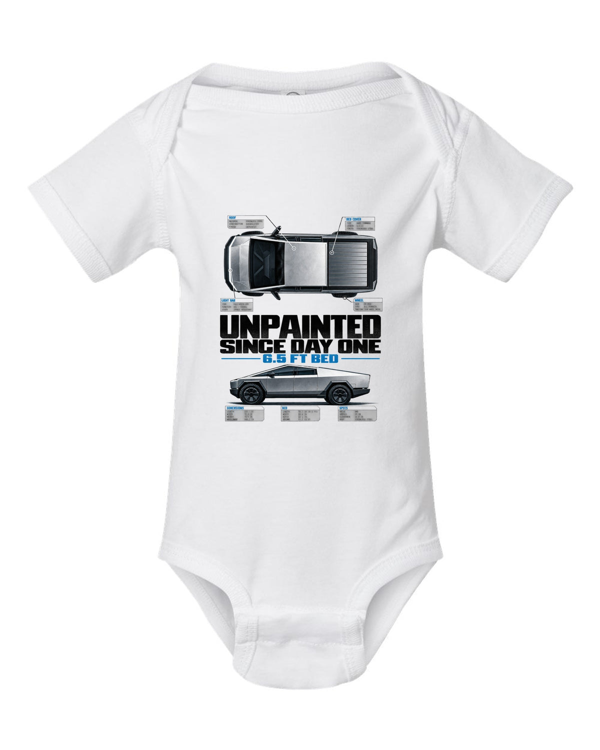 Tesla Cybertruck top-down and profile spec poster with unpainted since day one text white baby onesie front view with the design