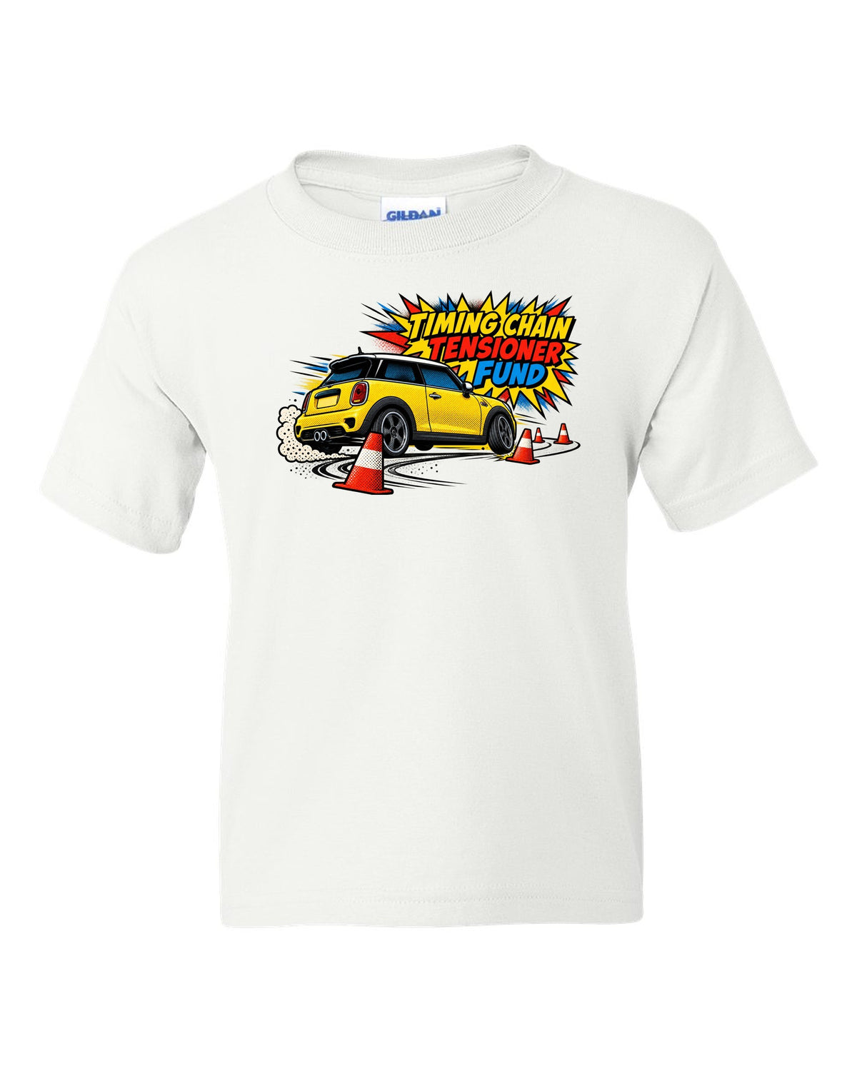 Comic halftone print of a Mini Cooper S R56 in a cone slalom with timing chain tensioner fund text white kids tee front view with the design