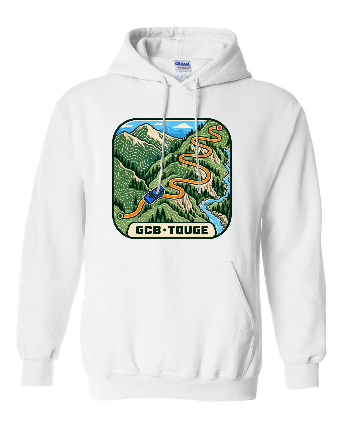 Subaru Impreza WRX GC8 touge route drawn as a topographic contour map, GC8 / TOUGE white pull over hoodie front view with the design