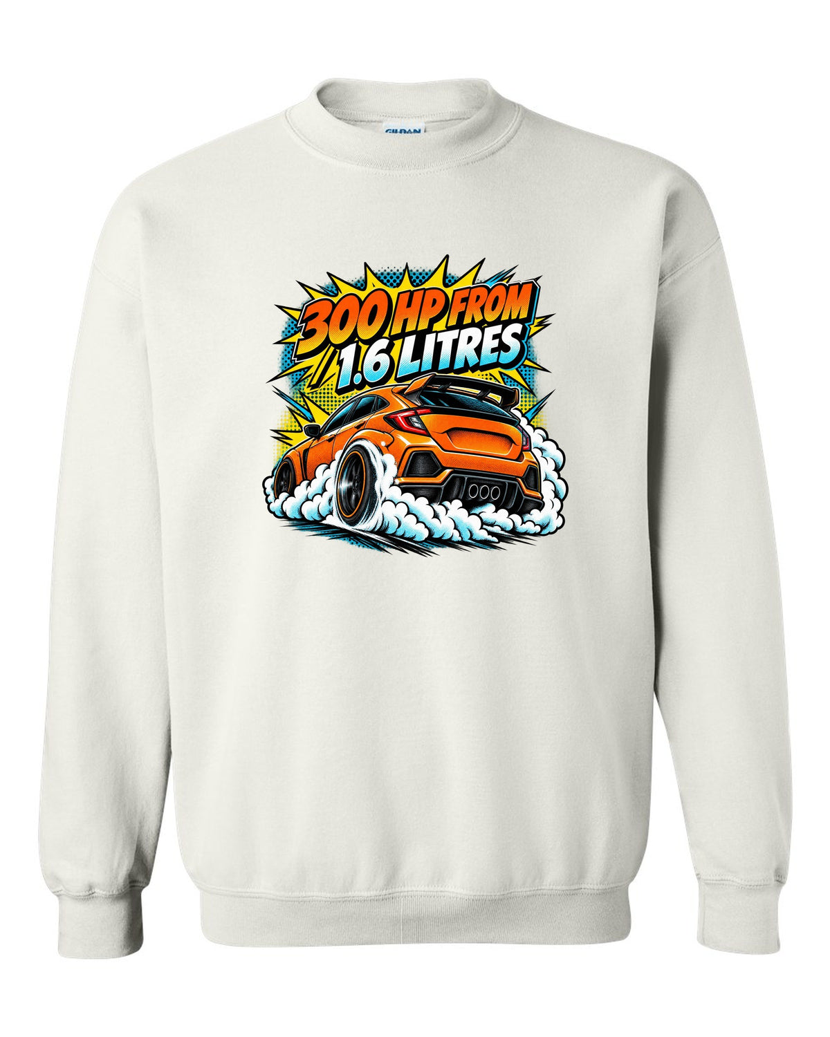 Comic halftone pop-art of a Toyota GR Corolla doing a burnout with 300 HP from 1.6 litres lettering white crewneck front view with the design