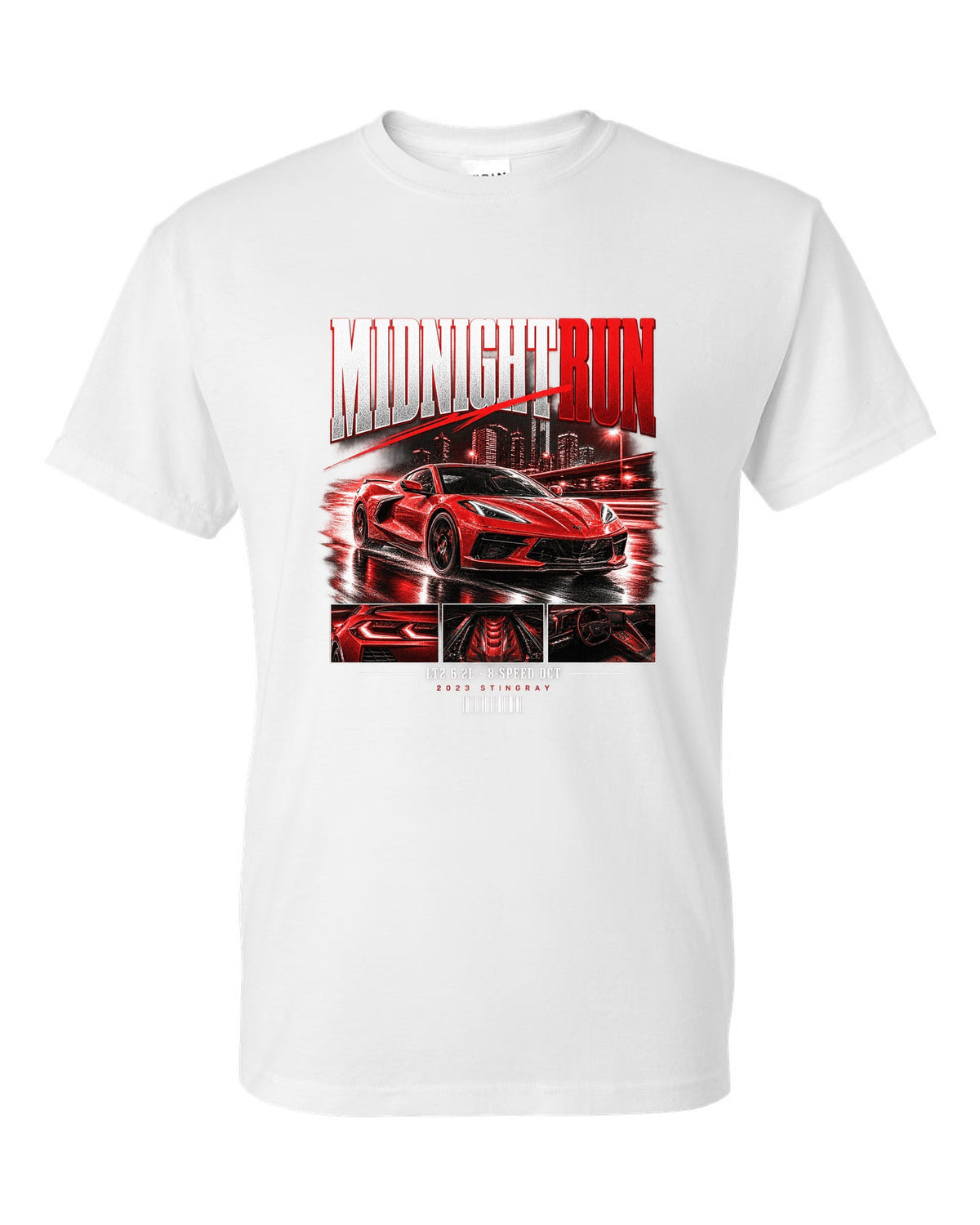 Corvette C8 Stingray 2023 widebody street poster Midnight Run white t-shirt front view with the design