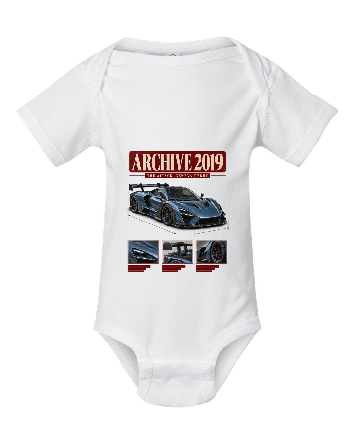 Archive panel design of the Koenigsegg Jesko Attack front three-quarter, print white baby onesie front view with the design