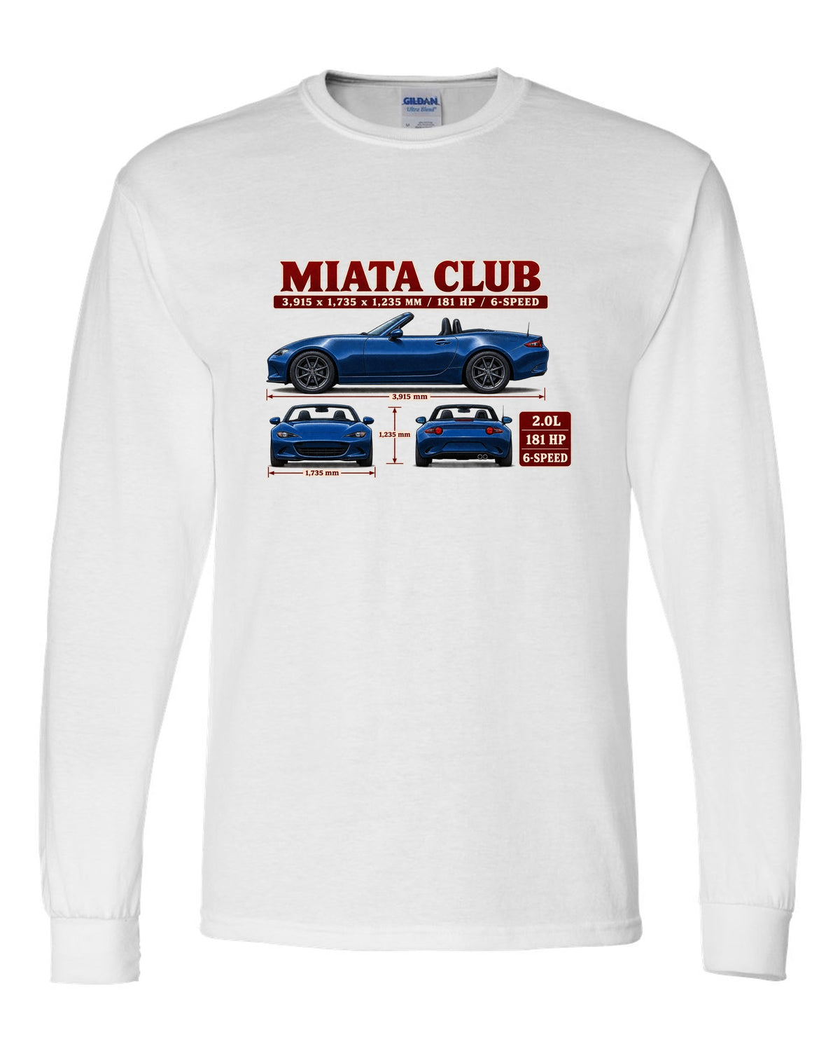 Three-view drawing and spec table of a 2019 Mazda MX-5 ND Club in Eternal Blue white long sleeve front view with the design