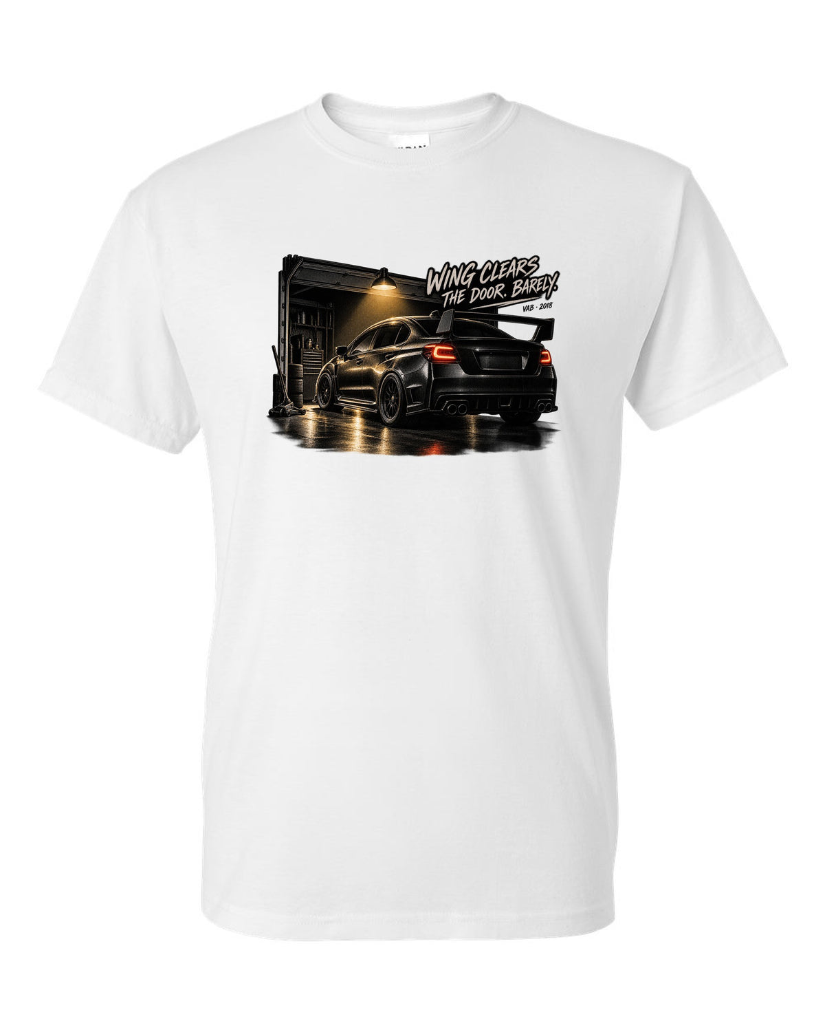 Subaru WRX STI VAB 2018 in a garage with wing clears the door barely text white t-shirt front view with the design