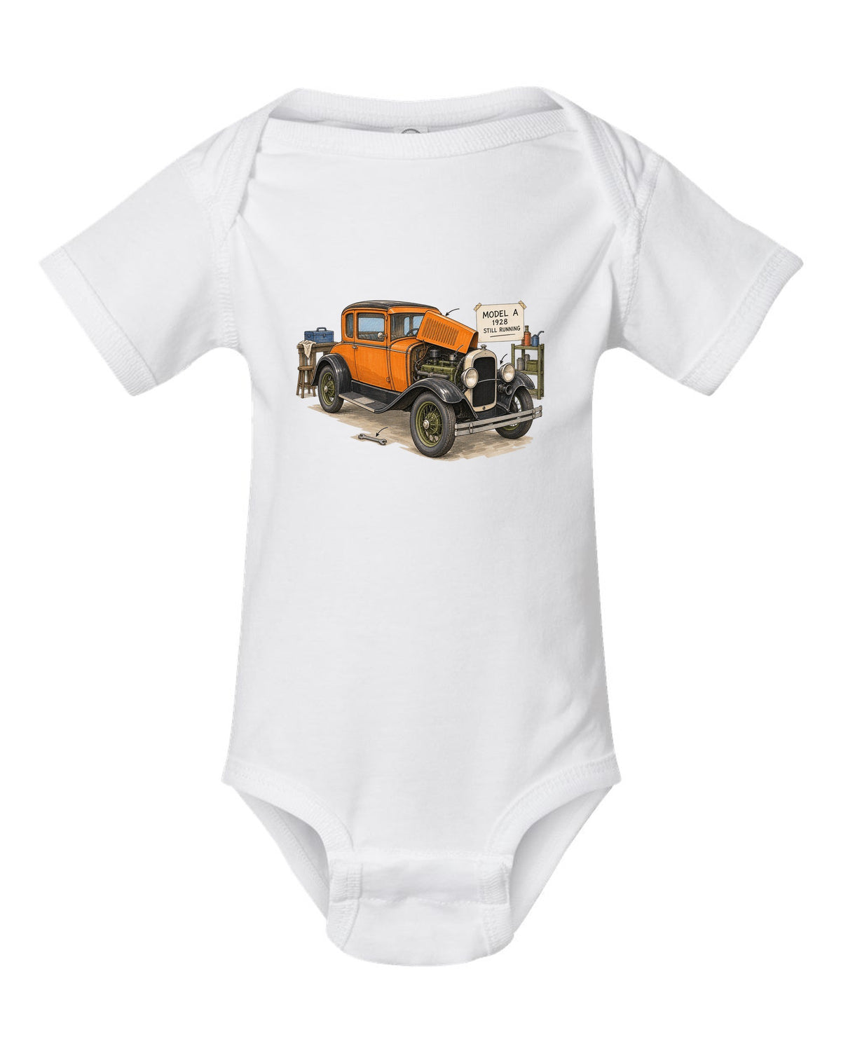 Ink and marker sketch of a 1928 Ford Model A coupe with still running lettering white baby onesie front view with the design