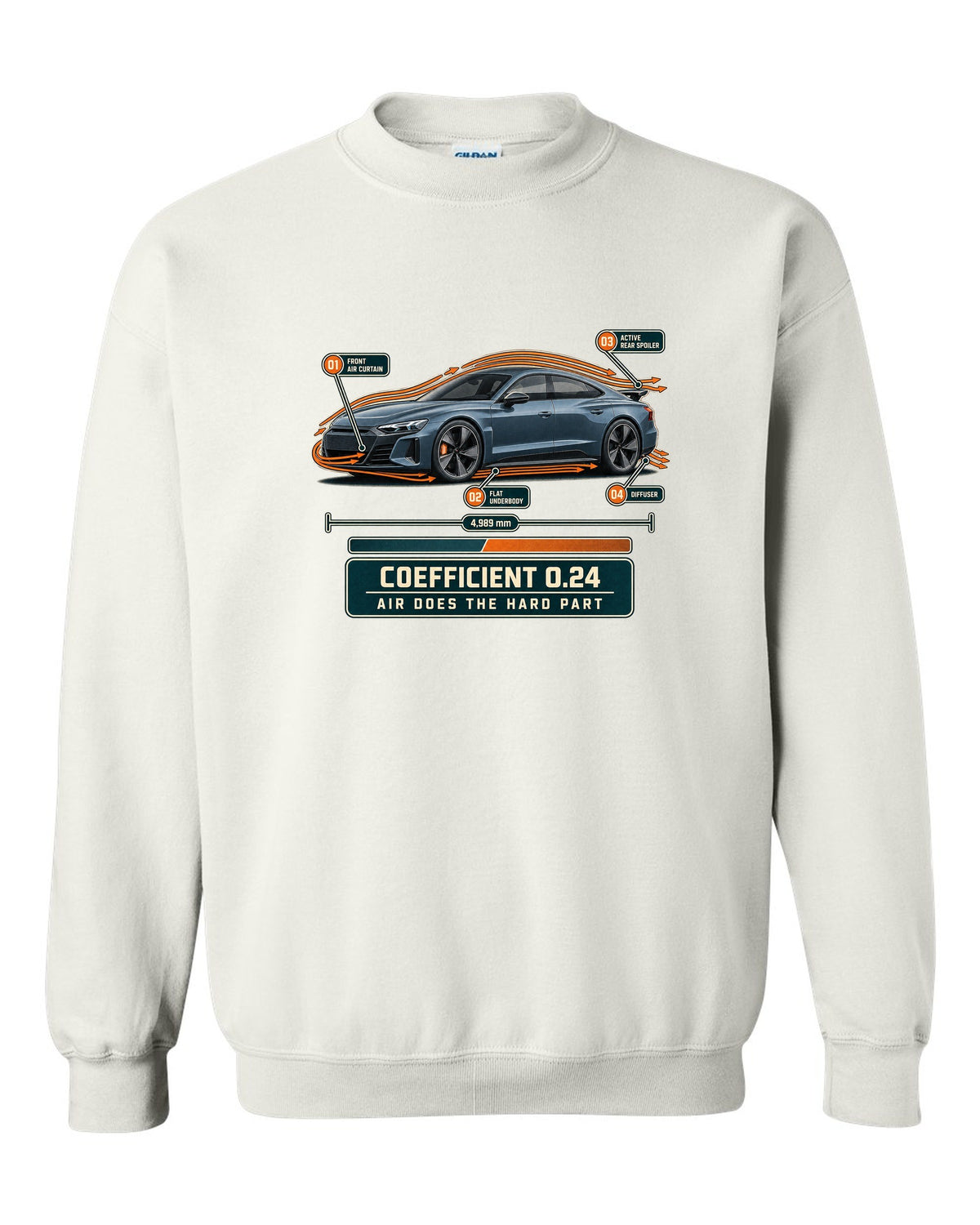 Audi RS e-tron GT aero callouts with airflow diagram print design white crewneck front view with the design