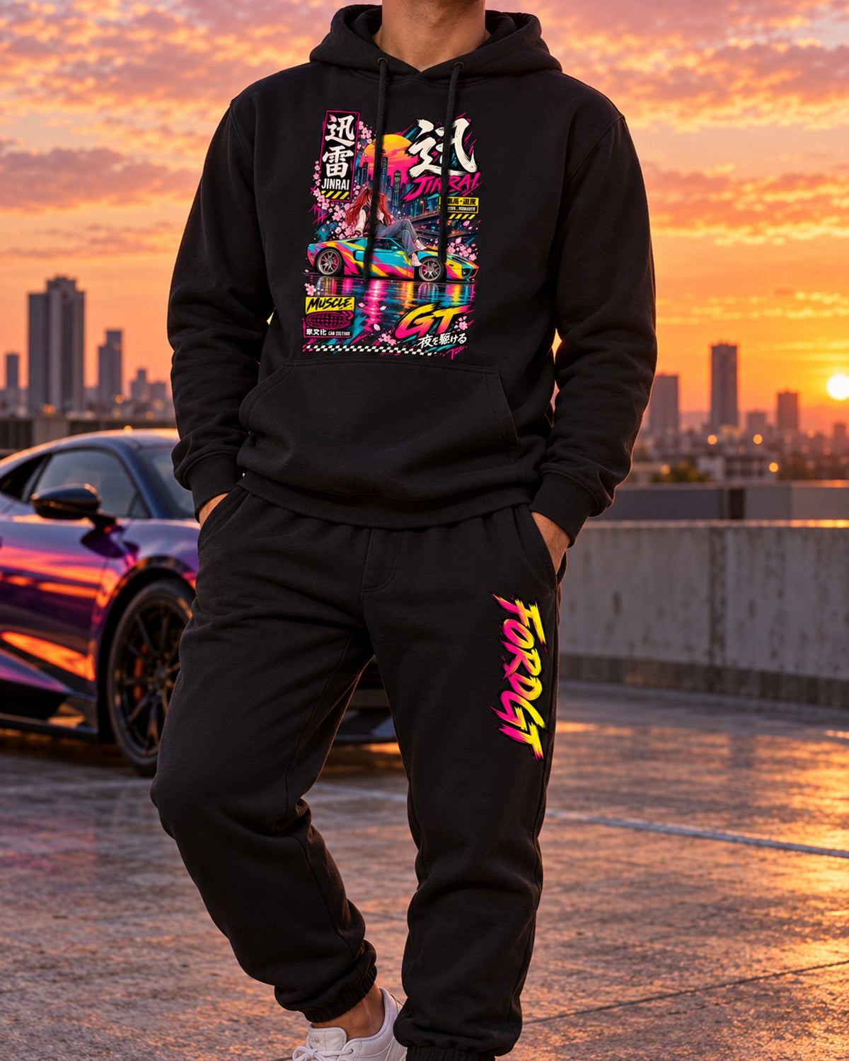 Fordgt Jinrai Anime Girl Poster Hoodie + Jogger Set Black worn hero