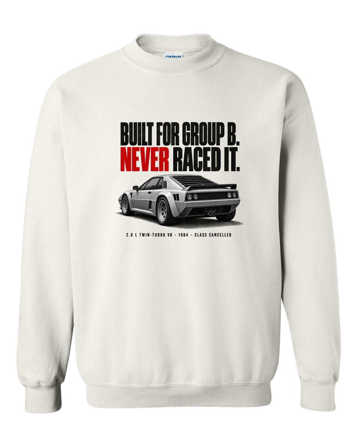 Ferrari 288 GTO 1984 rear three-quarter halftone print, built for Group B, never raced it white crewneck front view with the design