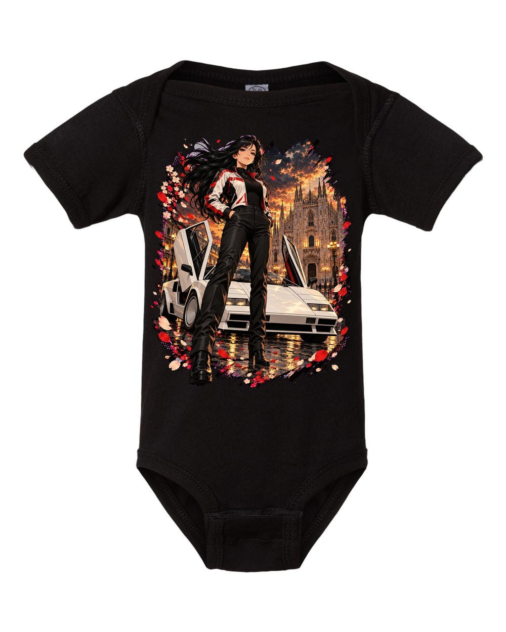 Lamborghini Countach Anime Girl Baby Onesie Black front