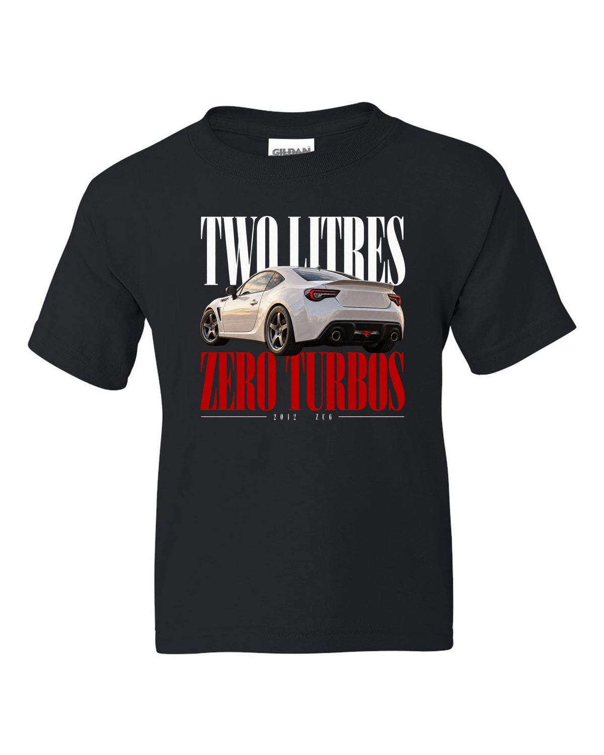 Editorial headline print for the Subaru BRZ ZC6 reading Two Litres, Zero Turbos, ZC6, 2012 black kids tee front view with the design