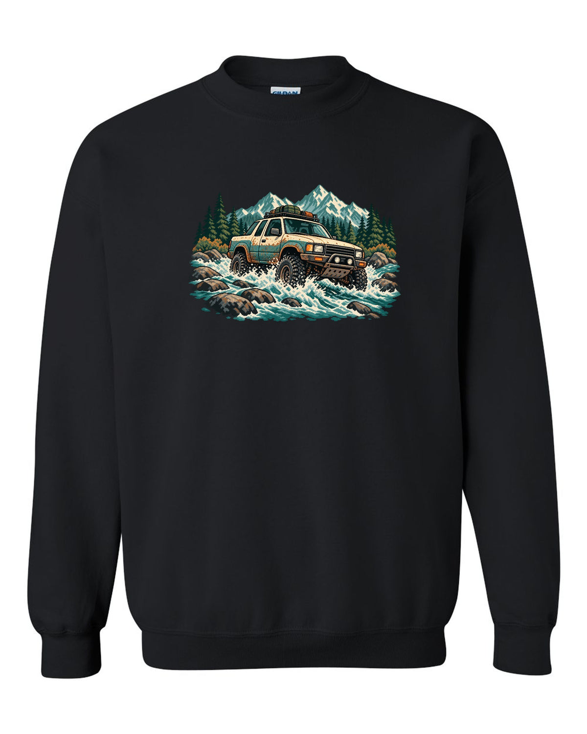 16-bit pixel art of a 2021 Ford F-150 Raptor Gen 3 P702 crossing a river with 5-LINK REAR lettering black crewneck front view with the design