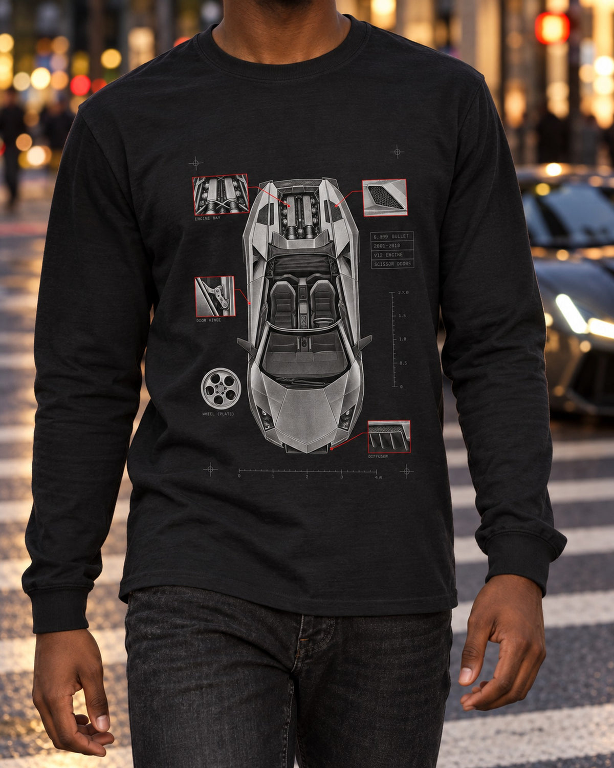 Lamborghini Murcielago LP640 Roadster Spec Plan Shirt, 4,099 Built Long Sleeve Black worn hero