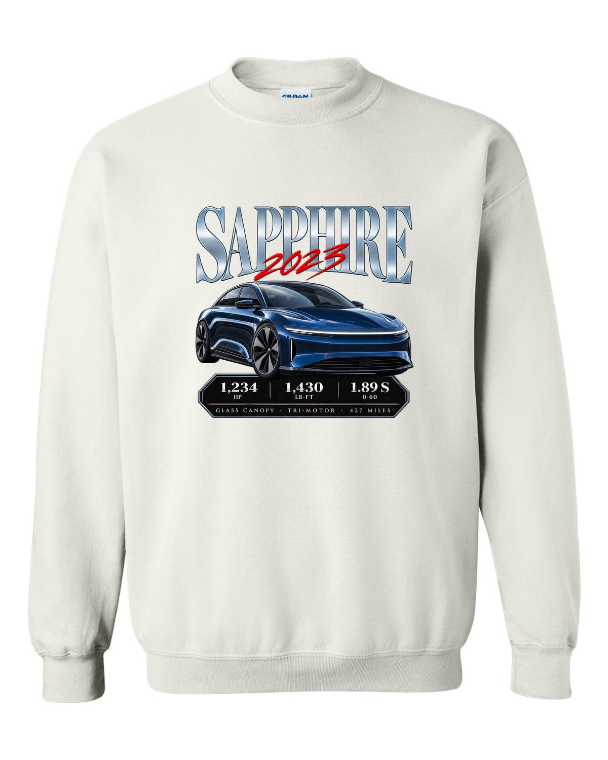 Archive panel print of a 2023 Lucid Air Sapphire with horsepower and range figures white crewneck front view with the design