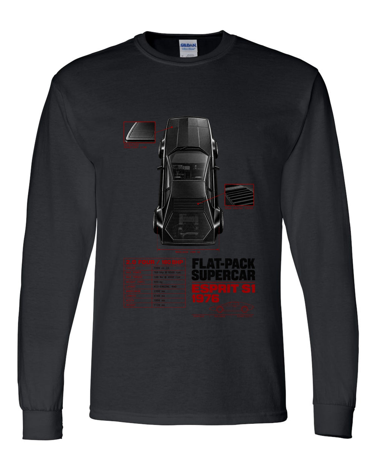Lotus Esprit S1 top-down spec poster with 2.0 four and 160 bhp black long sleeve front view with the design