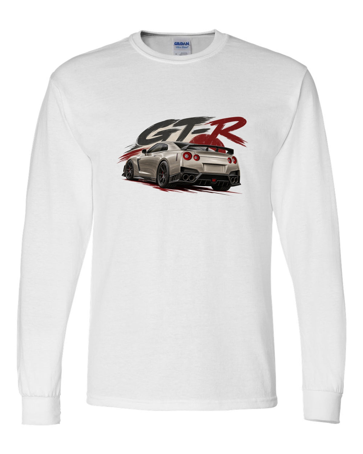Nissan GT-R R35 VR38DETT engine drawn as a poster-style hero white long sleeve front view with the design