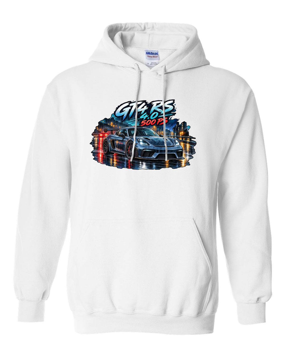 Porsche 982 Cayman GT4 RS wet road night watercolour design with 4.0 500 PS text white pull over hoodie front view with the design