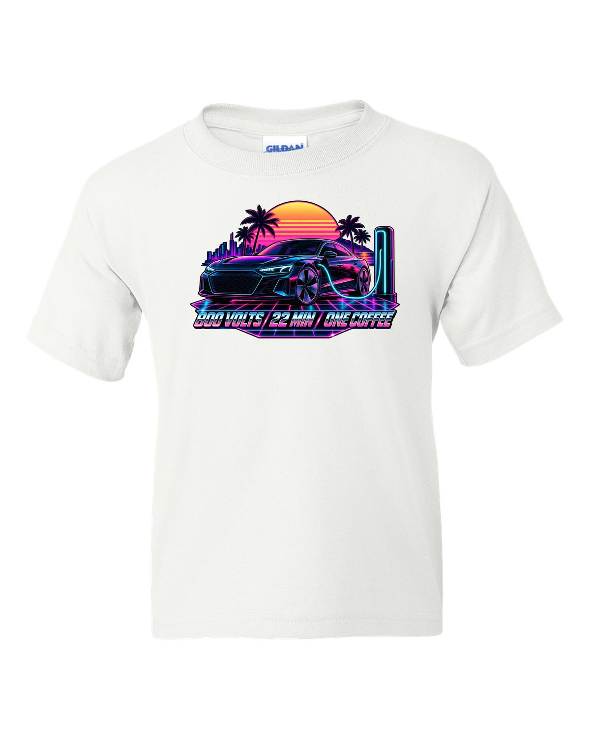 Synthwave print of an Audi e-tron GT at dusk with charging time text white kids tee front view with the design