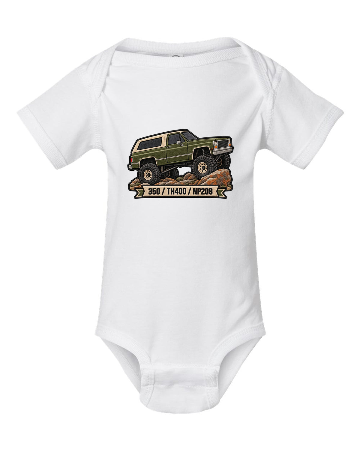 Embroidered patch style design of a 1973-91 Chevrolet K5 Blazer with 350, TH400, NP208 text white baby onesie front view with the design