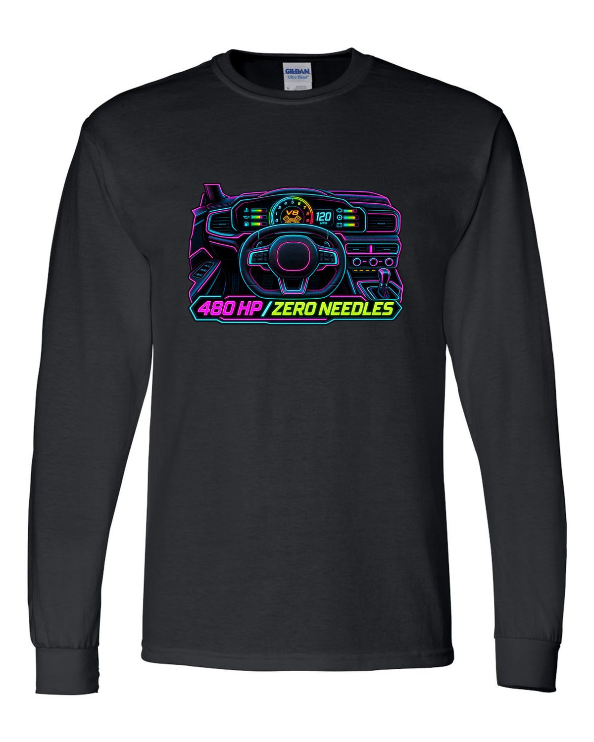 Neon gauge-cluster HUD print of a Ford Mustang S650 GT 2024 with 480 HP text black long sleeve front view with the design