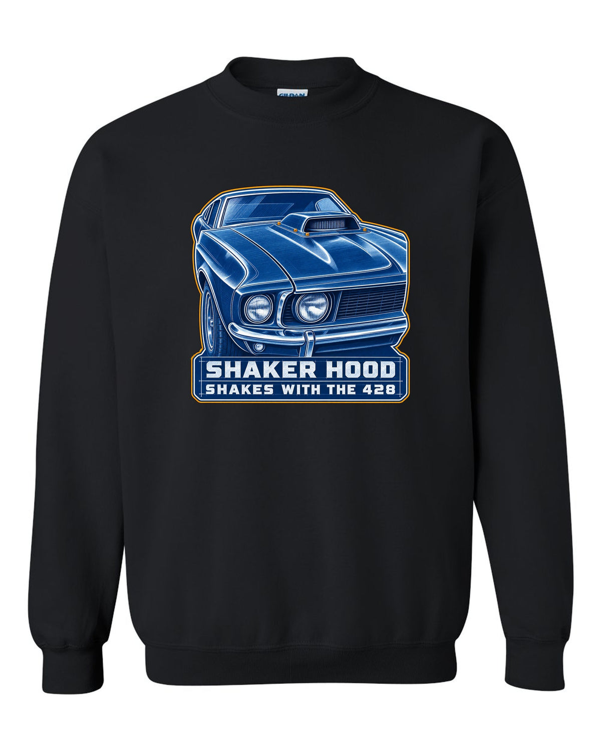 Cyanotype blueprint print of a 1969 Ford Mustang fastback shaker hood black crewneck front view with the design