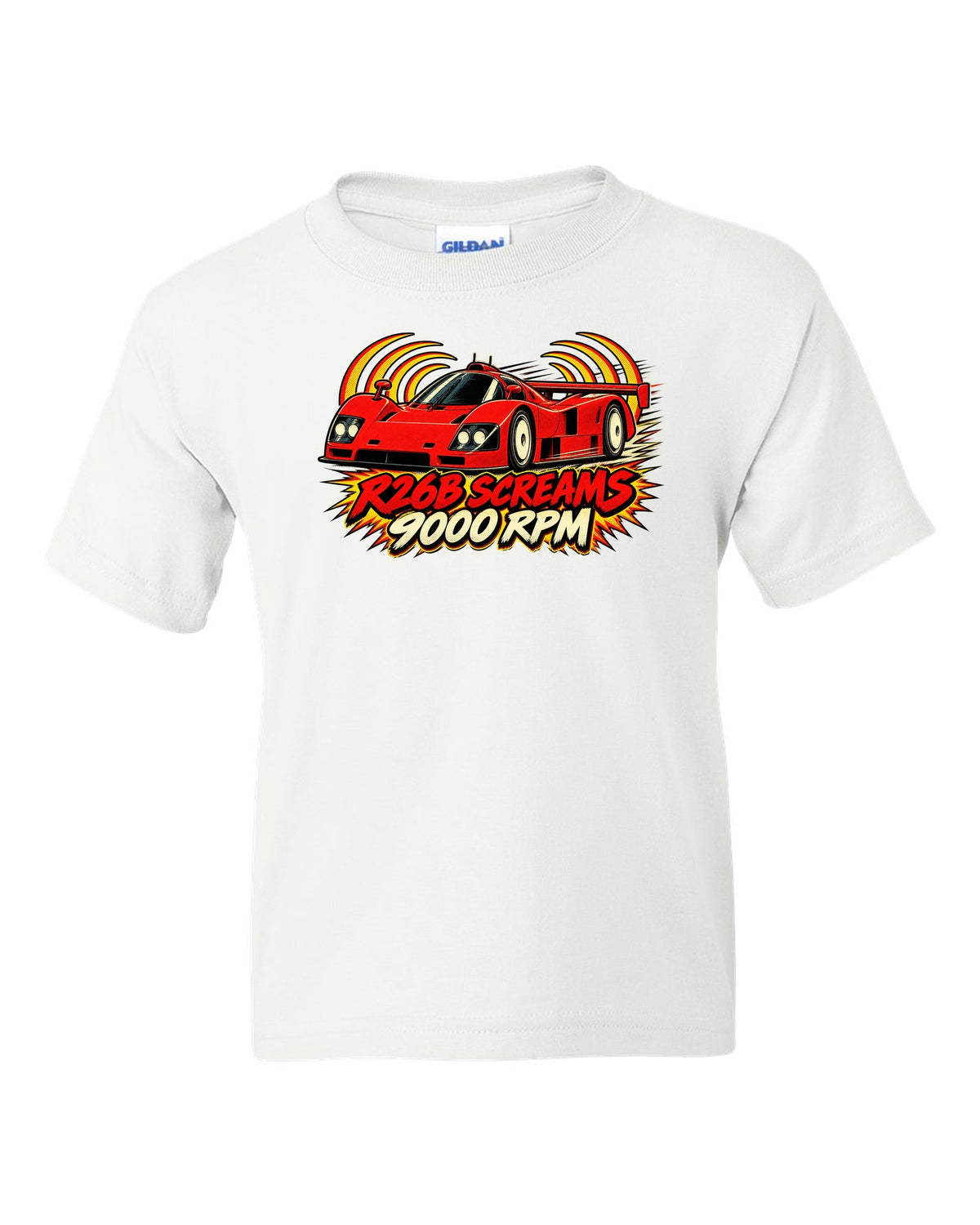 Embroidery-style varsity crest for the Mazda 787B with 787B / 2.6 L / 4 ROTOR lettering white kids tee front view with the design