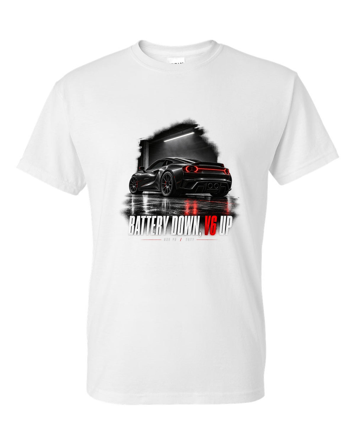 Garage night print of a Ferrari 296 GTB with the text Battery Down, V6 Up, 663 PS, 2022 white t-shirt front view with the design