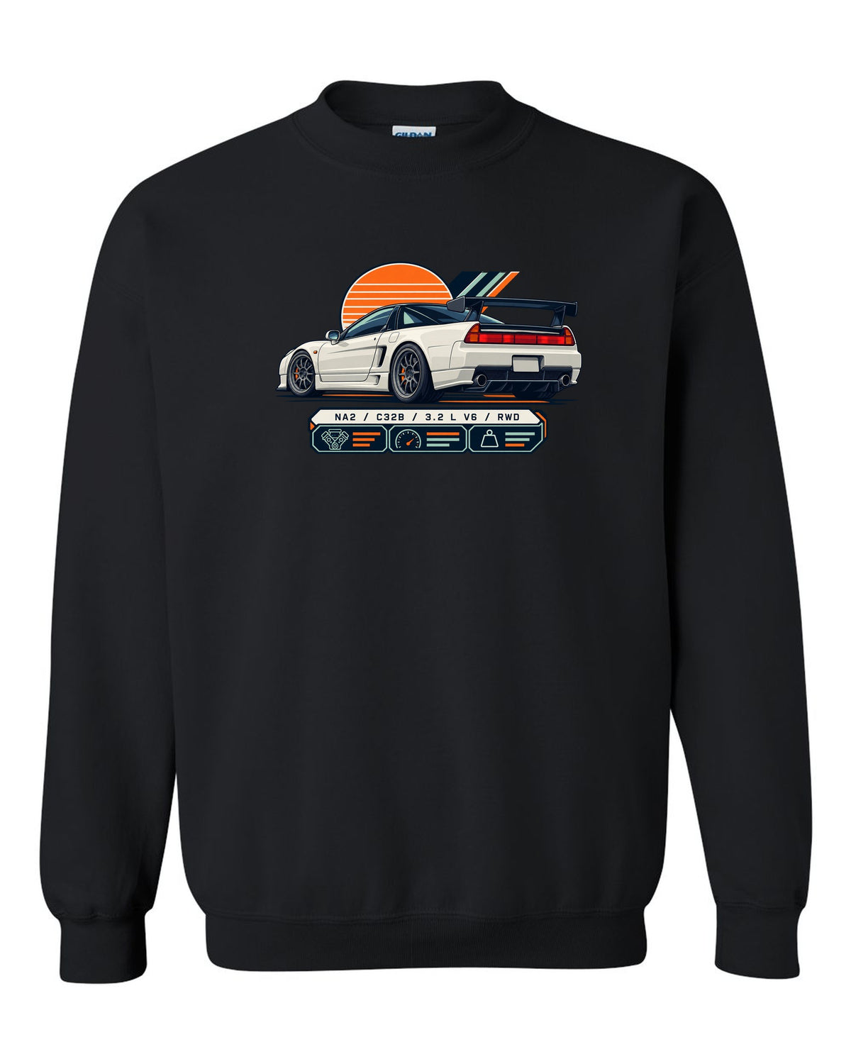 Spec-sheet data plate print of the Honda NSX-R NA2 with NA2 C32B 3.2 L V6 RWD text black crewneck front view with the design