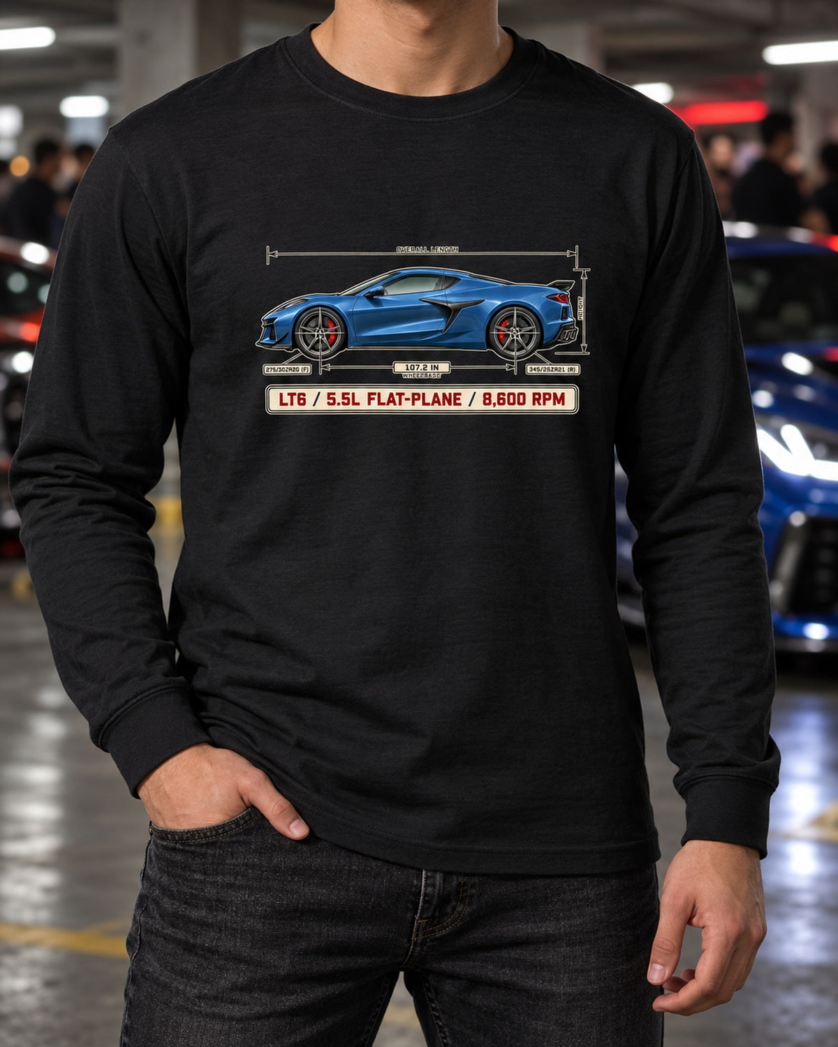 Corvette C8 Z06 LT6 Blueprint Tee, Flat-Plane V8 Car Shirt Long Sleeve Black worn hero