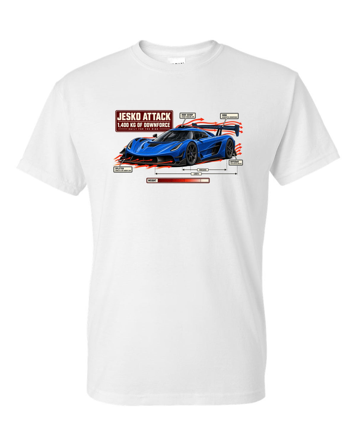 Aero callout diagram of the Koenigsegg Jesko Attack with rear wing and splitter, print white t-shirt front view with the design