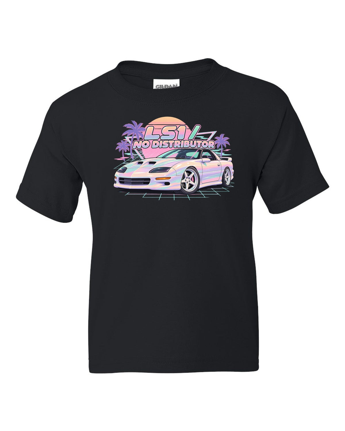 1998 Camaro SS fourth-generation on a pastel vaporwave grid with the text LS1 No Distributor black kids tee front view with the design