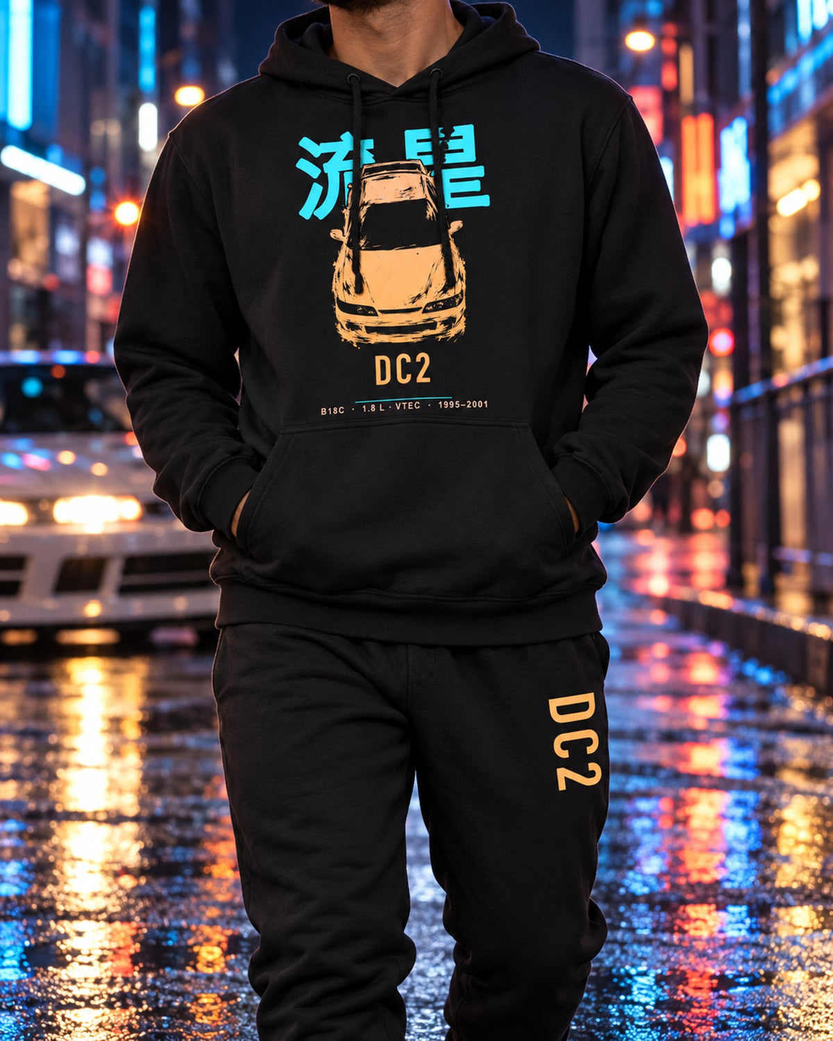DC2 Chassis Code Hoodie + Jogger Set Black worn hero